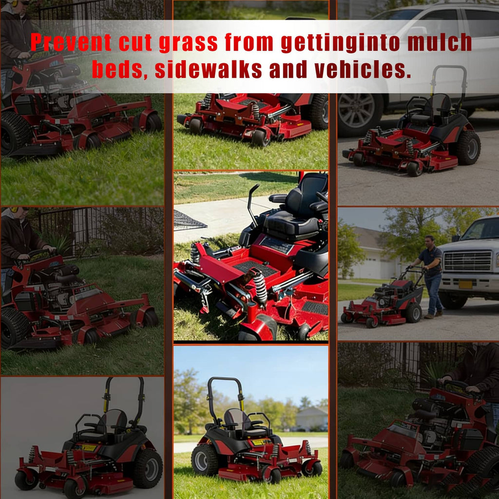 Red lawn mower with installed black steel chute blocker attachment