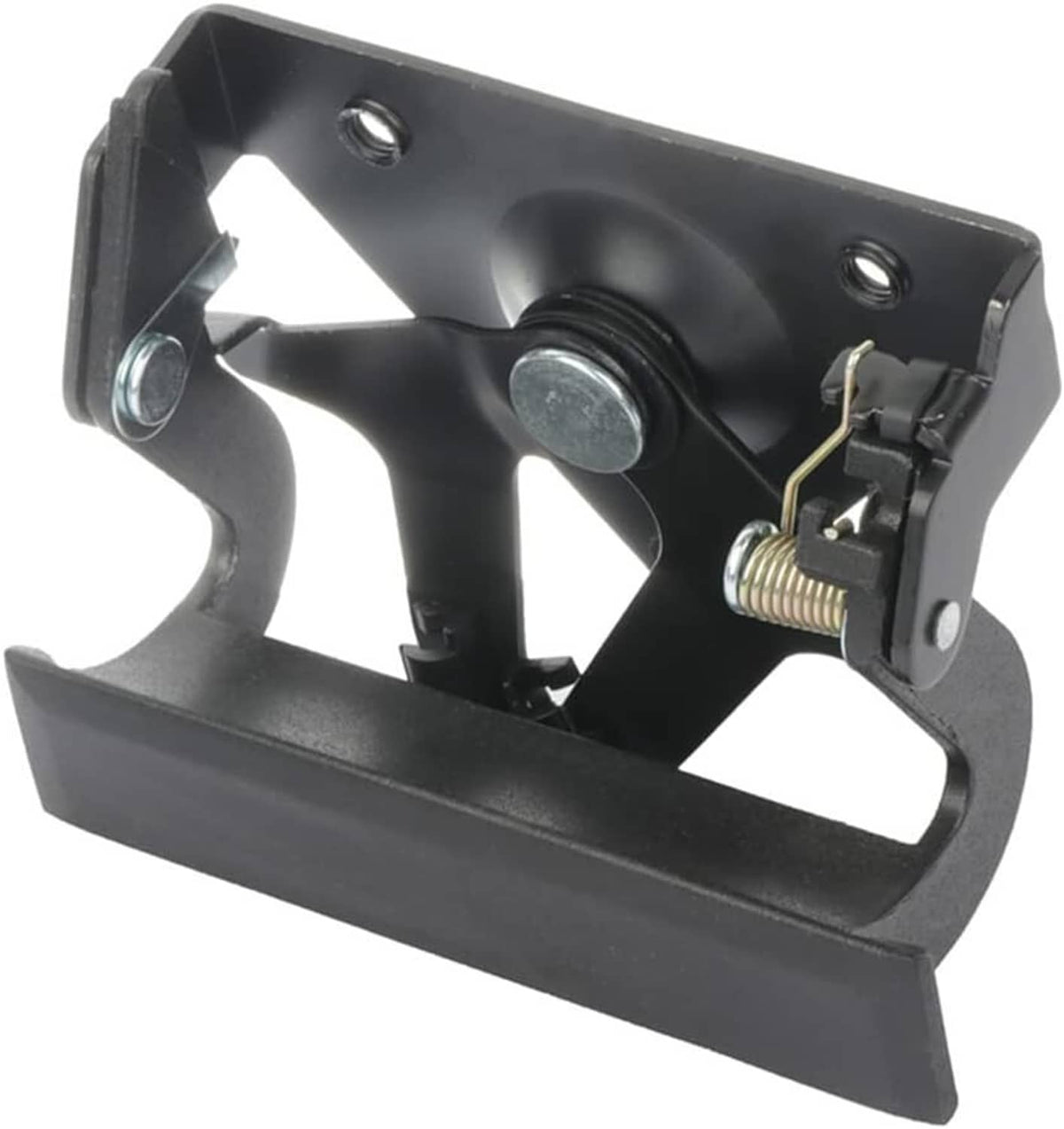 Black tailgate latch bracket with circular lock button and spring assembly