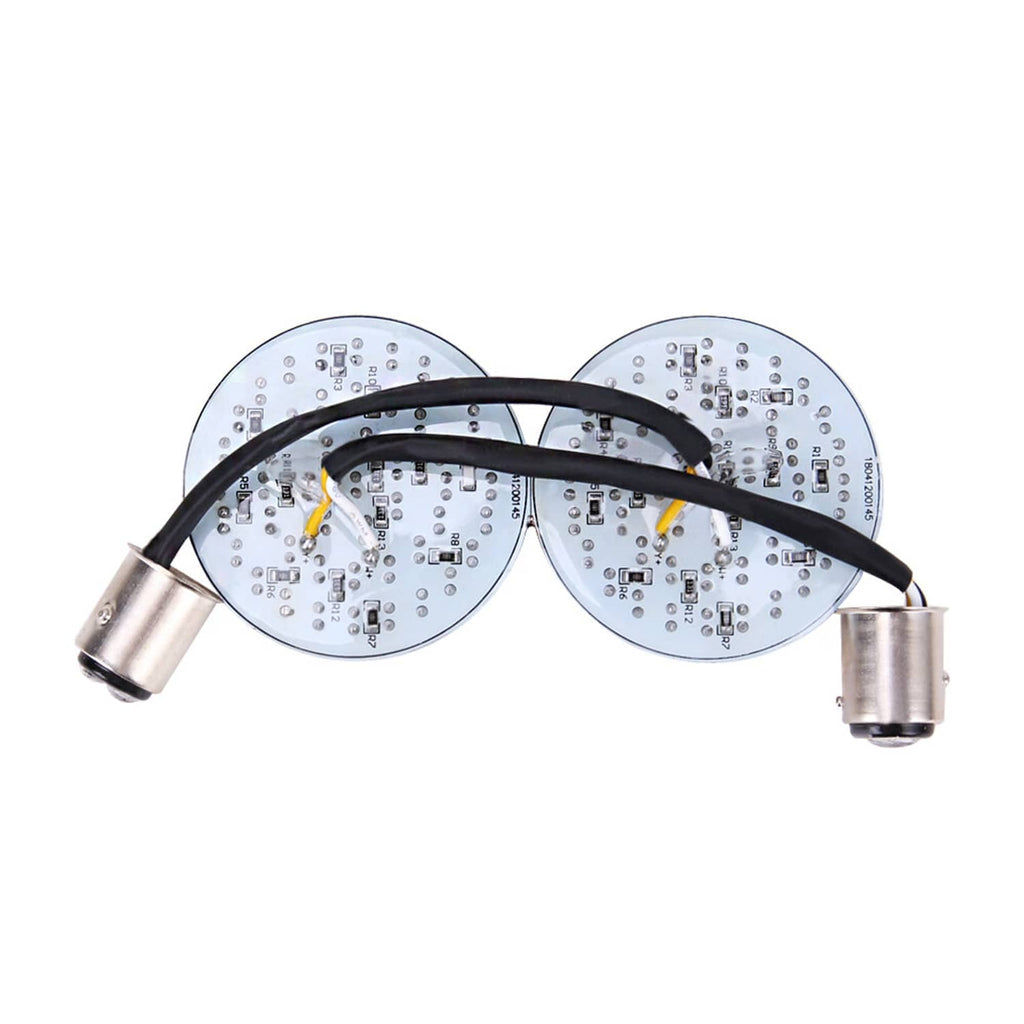 Front LED turn signal bulb set with two round circuit boards and black wiring
