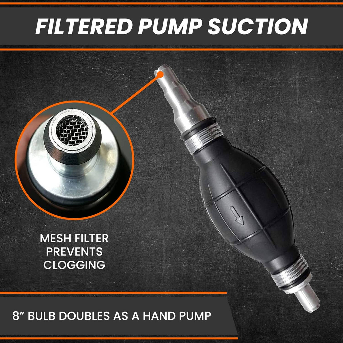 Black bulb hand pump with metal mesh filter tip for siphon suction