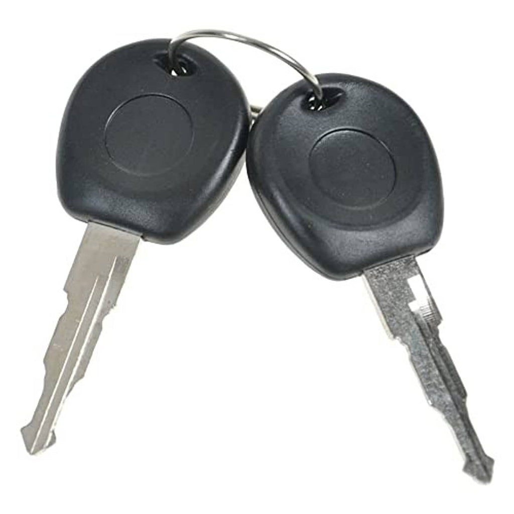 Two black door keys with metal teeth and key ring