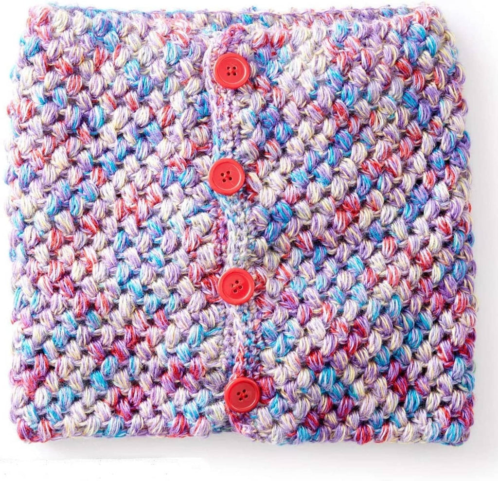 Multicolor knit baby blanket swatch with four red buttons