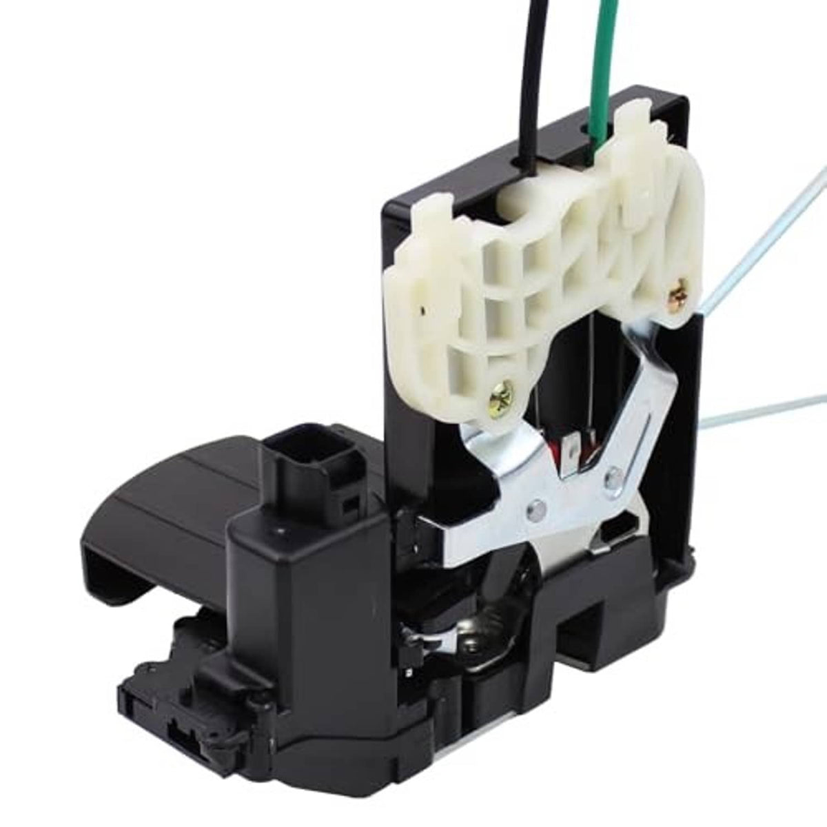 Door lock latch actuator mechanism with white connector block and black mounting base
