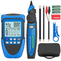 Blue and black RJ45 PoE cable tester kit with test probes, leads, and carrying pouch
