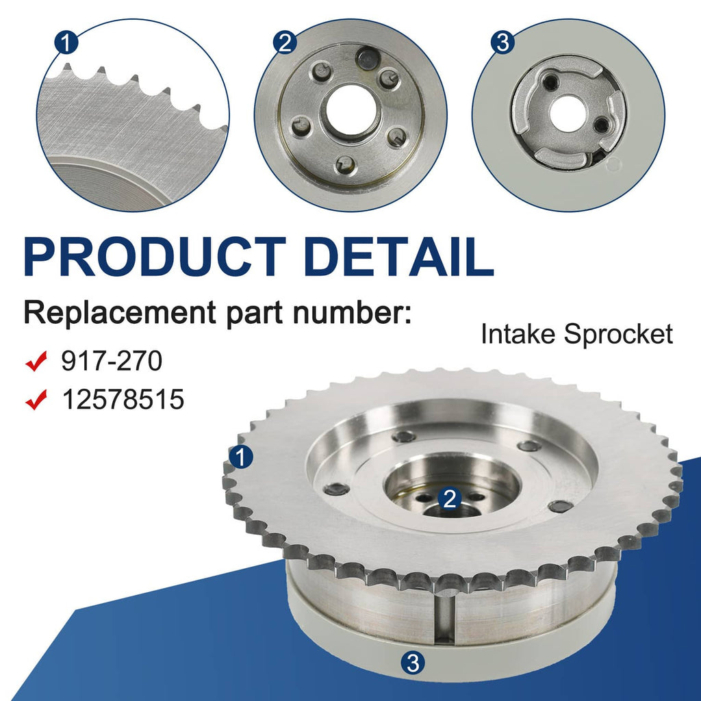 Cam sprocket detail view with metal teeth and central mounting hole