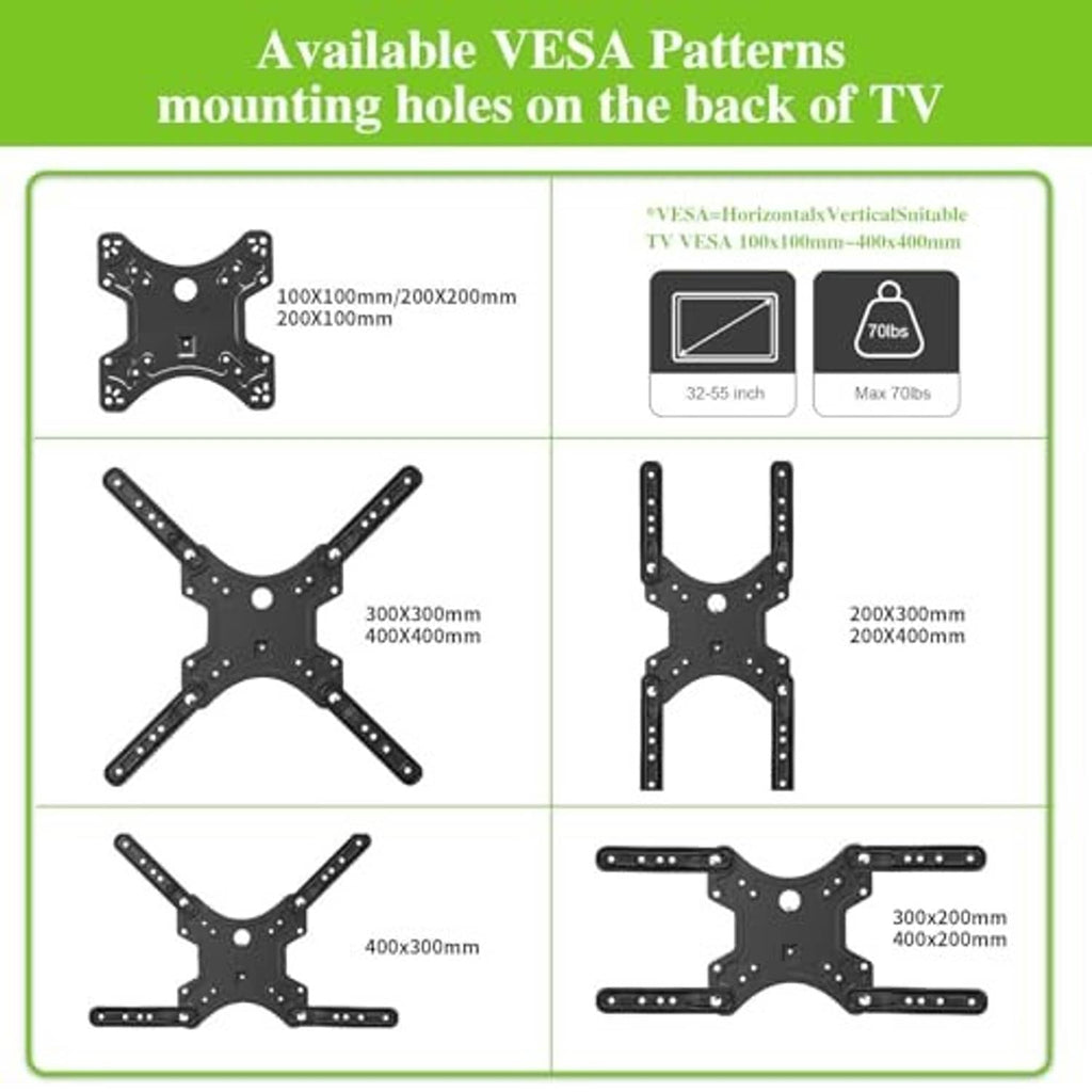 TV wall mount showing compatible VESA mounting hole patterns and sizes
