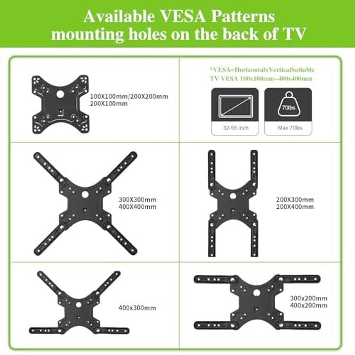 TV wall mount showing compatible VESA mounting hole patterns and sizes