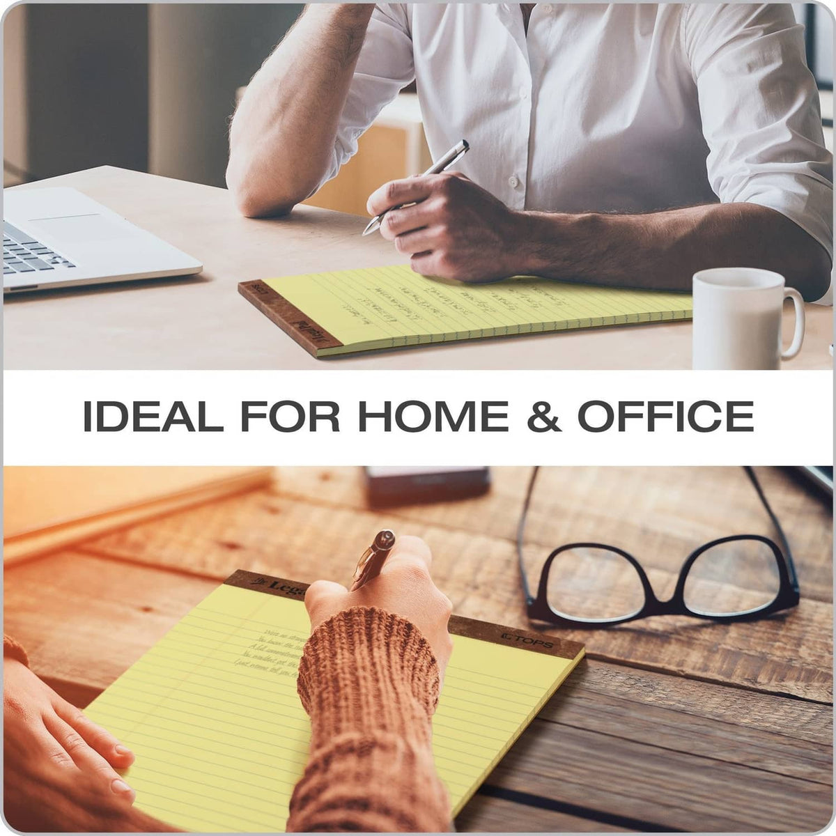 Wide-ruled yellow legal pads on a desk, ideal for home and office writing