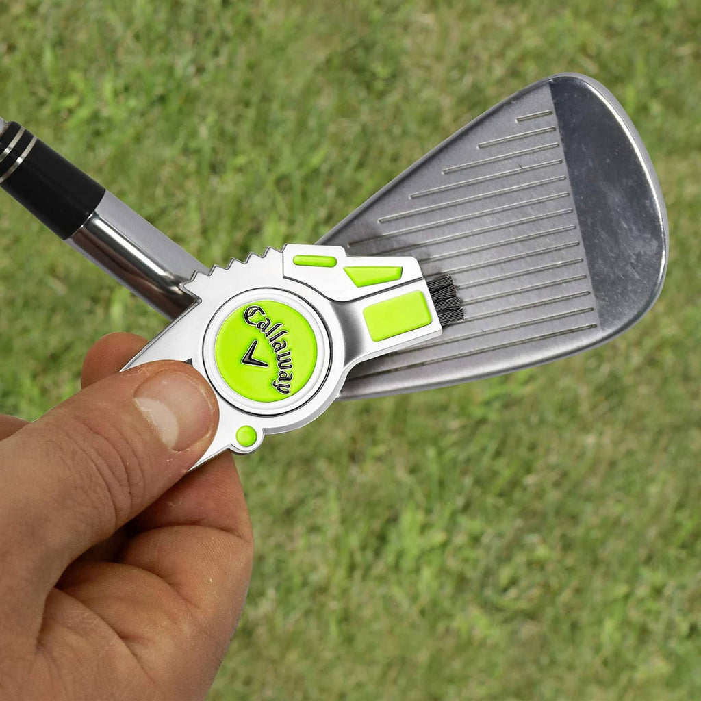 4-in-1 golf divot repair tool with lime scraper blade and Callaway emblem