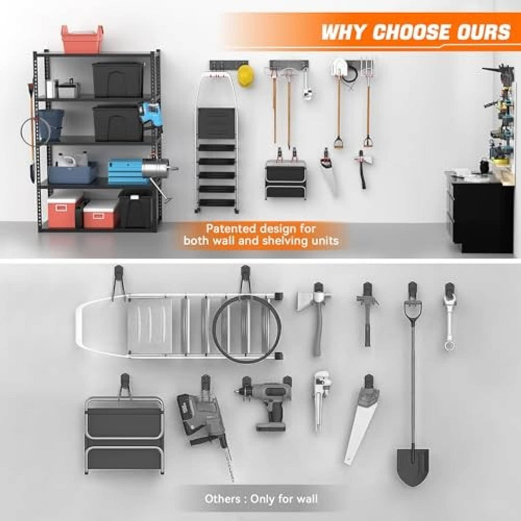 Wall-mounted tool hooks on a black track with red-orange U hooks for garage storage