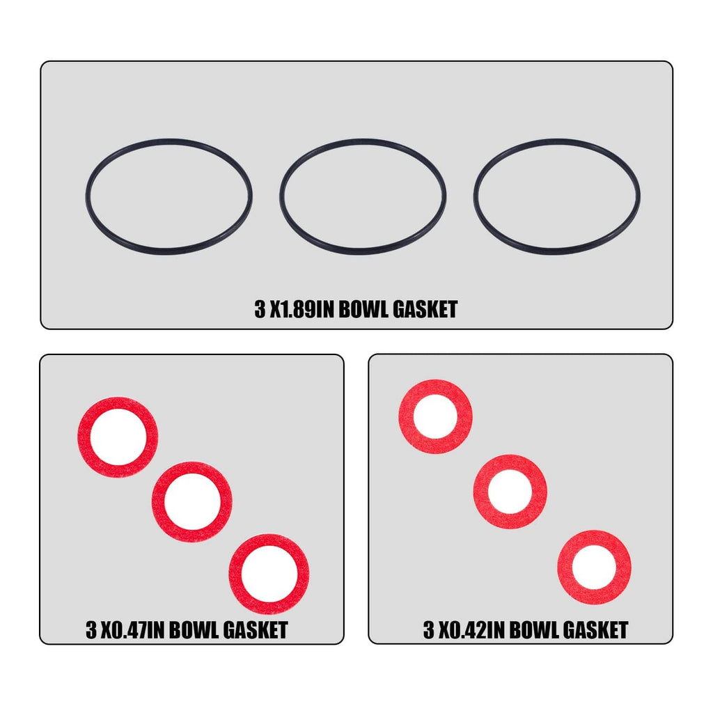 Carburetor bowl gasket set with three black ring gaskets and red O-rings