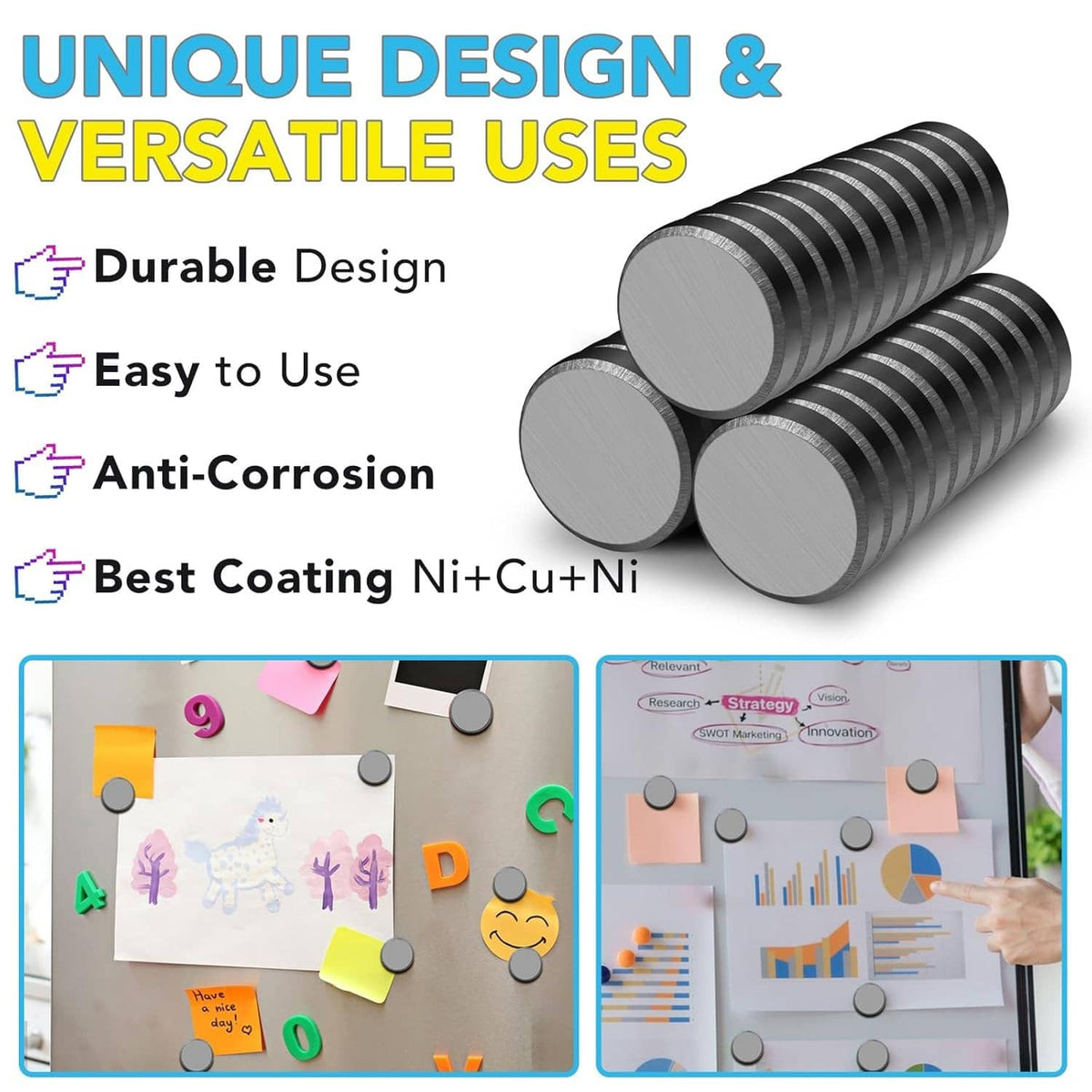 Stacked black ceramic magnets with ridged sides, round disc shape
