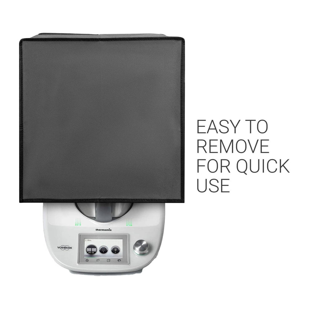 Dark fabric protective cover for Thermomix appliance, hinged front panel