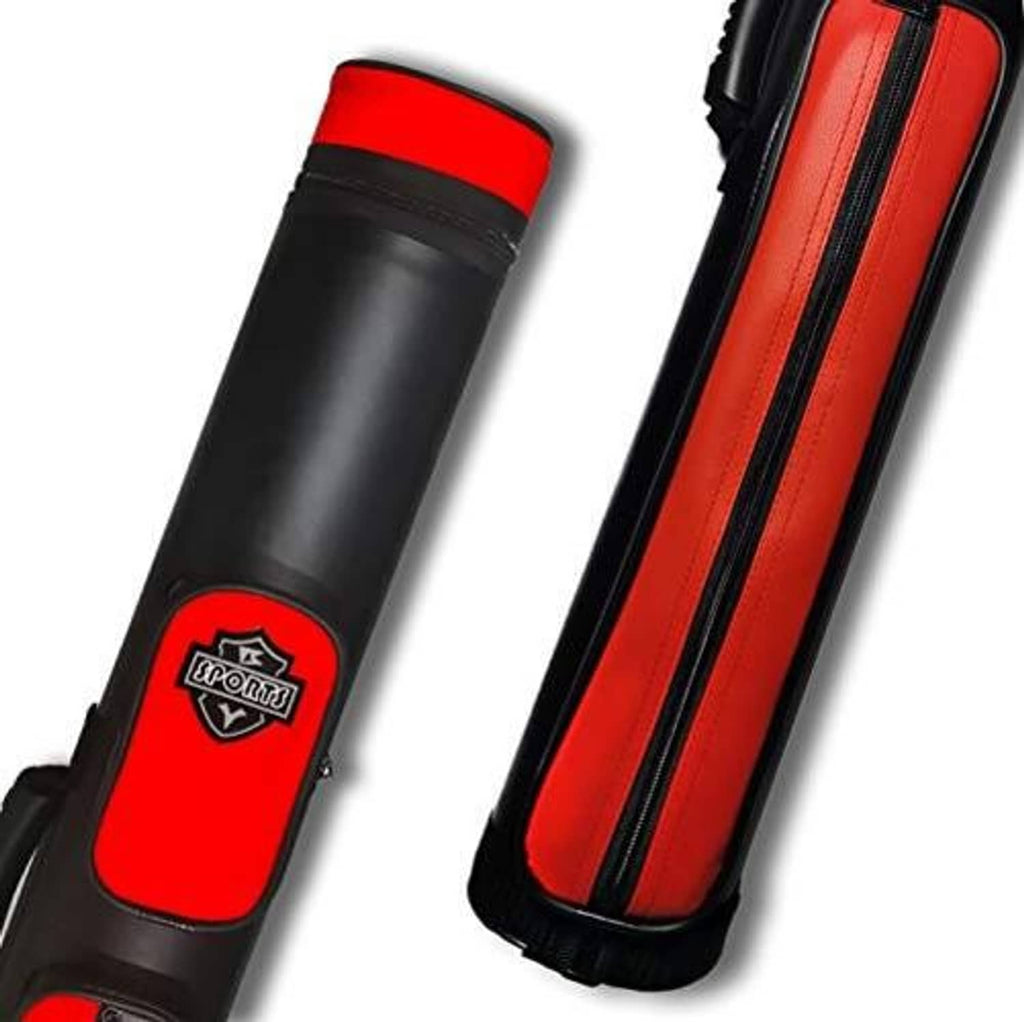 Hard pool cue carrying case, black with red end panels and Sports logo patch