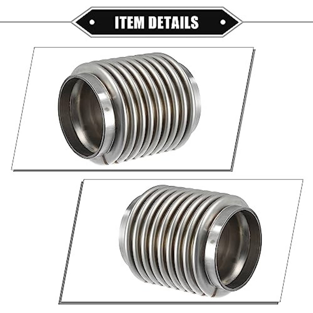 Flexible exhaust pipe connector with ribbed metal bellows, front and side view