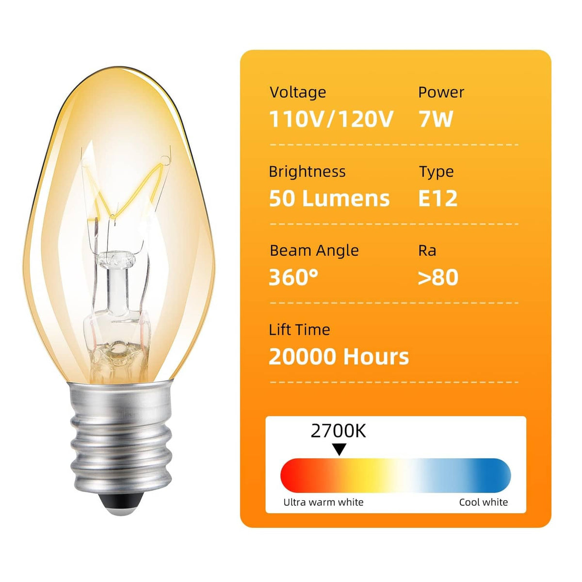 E12 amber bulb, 7W, 50 lumens, 2700K, 20000-hour life, 110V/120V