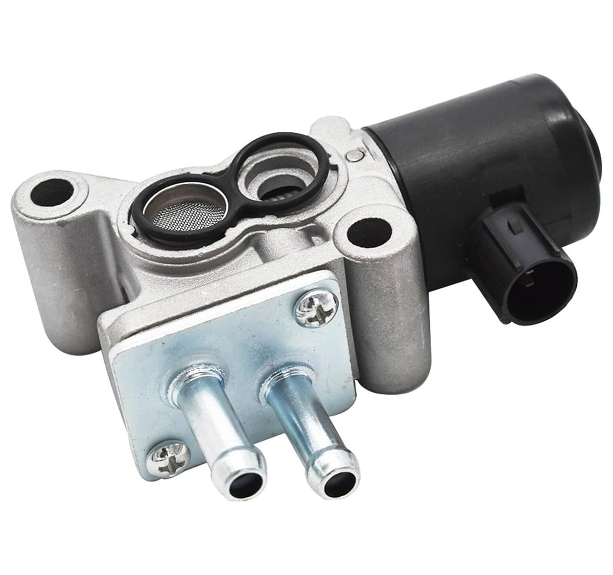 Idle air control valve with black intake housing, metal plate, and twin outlet tubes