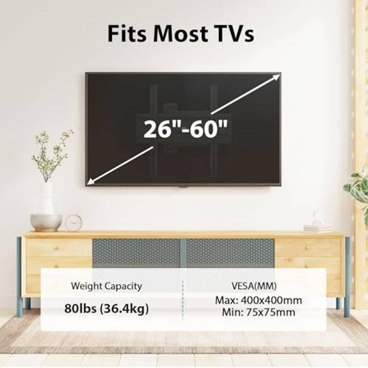Black TV wall mount bracket with size-fit diagram for 26–60 inch TVs
