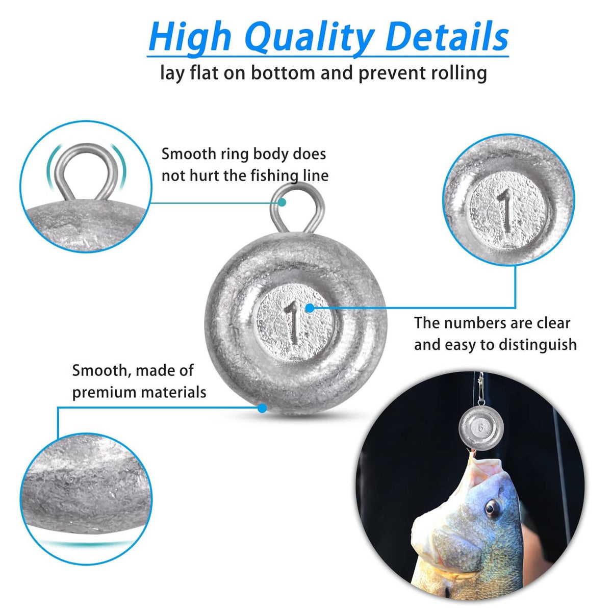 Round grey fishing sinker with a metal loop and embossed number detail