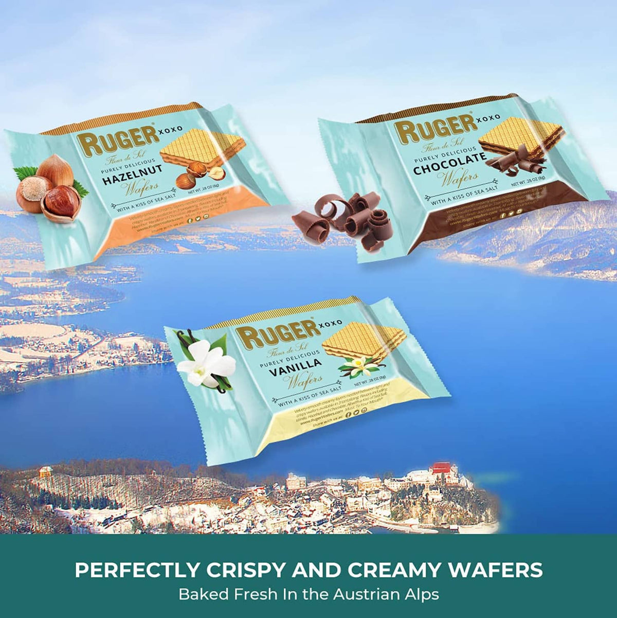Assorted RUGER XOXO mini wafer packets with hazelnut, chocolate, and vanilla