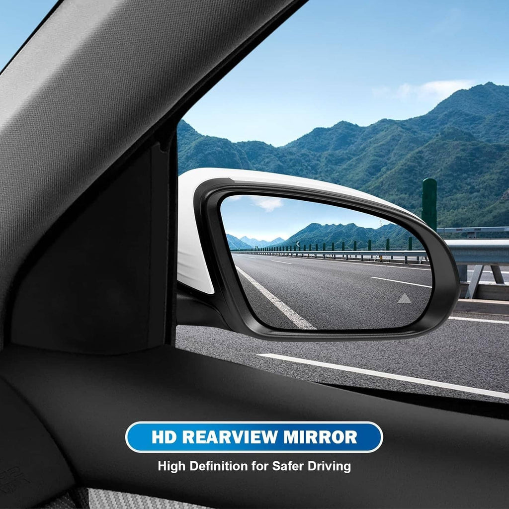 Heated blind spot side mirror with black housing, mounted on vehicle door