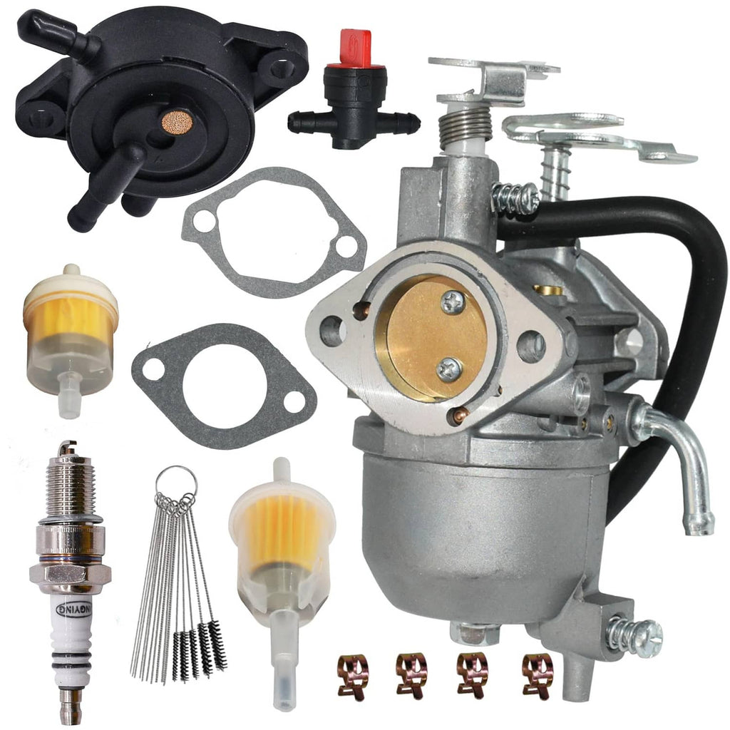 Carburetor assembly parts kit with gaskets, jets, spark plug-style filter and hardware