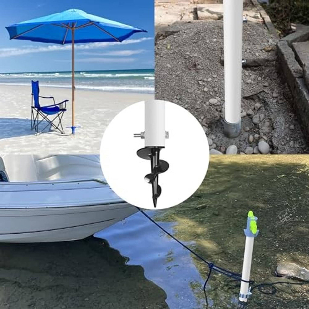 White PVC dock auger anchor mounted on a post with black spiral grounding tip
