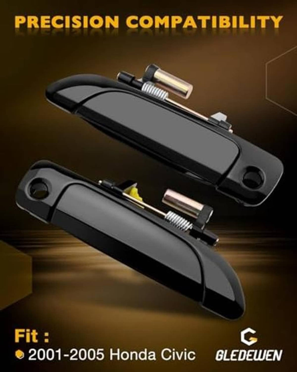 Black exterior door handle pair with visible lock mechanism and metal latch