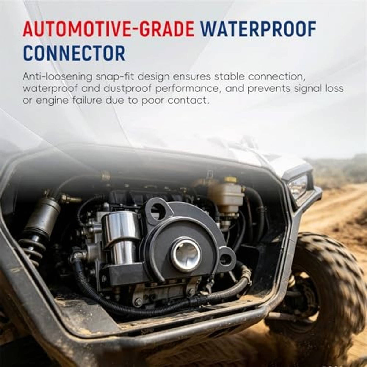 Throttle position sensor mounted in ATV engine bay, black housing with silver ring.