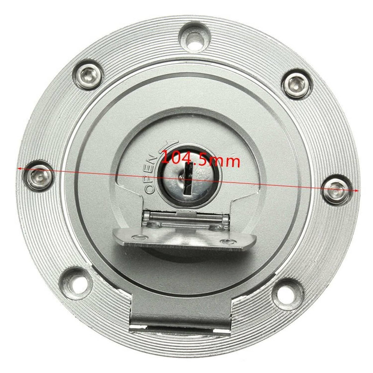 Silver motorcycle gas cap lock with PULL slot, close-up