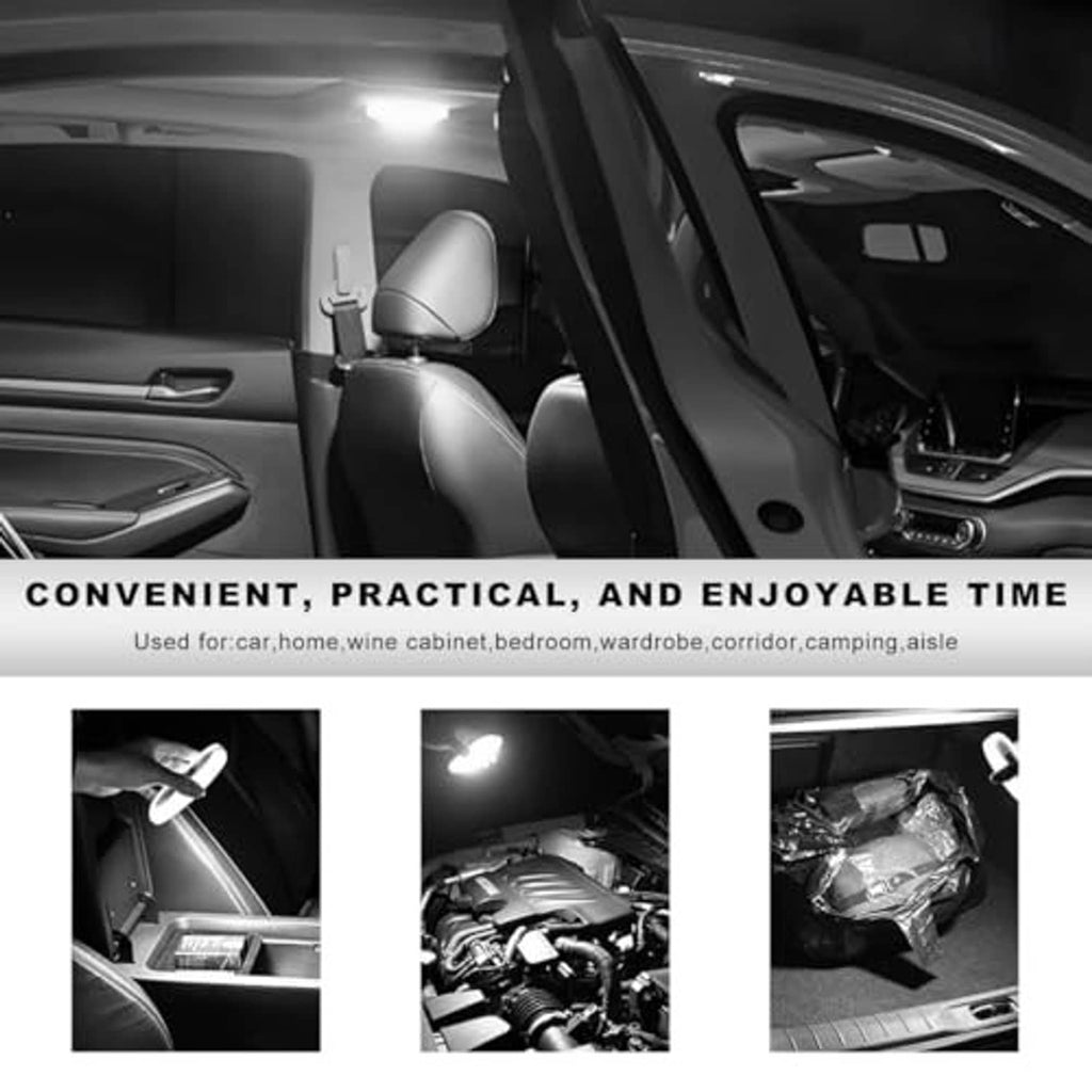 Magnetic dome LED ceiling light installed in car interior, illuminating the roof area