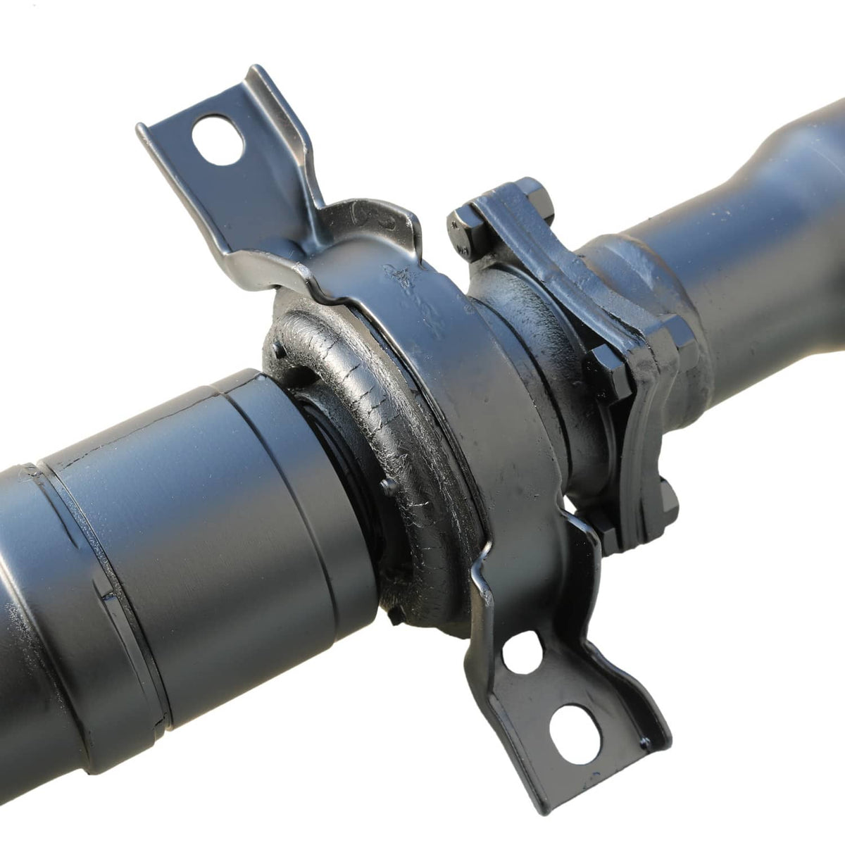 Rear driveshaft carrier mount with metal brackets and black rubber isolator ring
