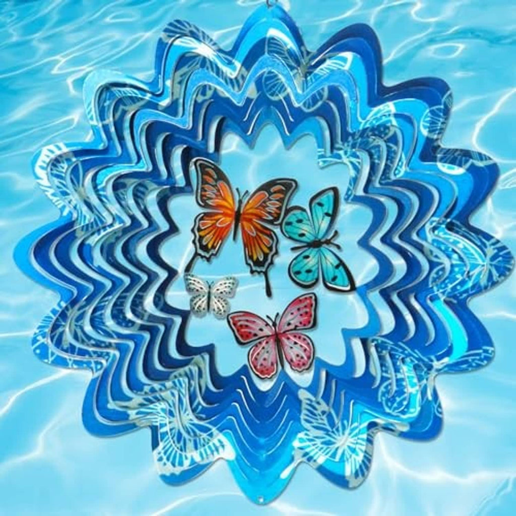 Blue 3D wind spinner featuring multicolor butterflies centered on stainless-steel swirl blades