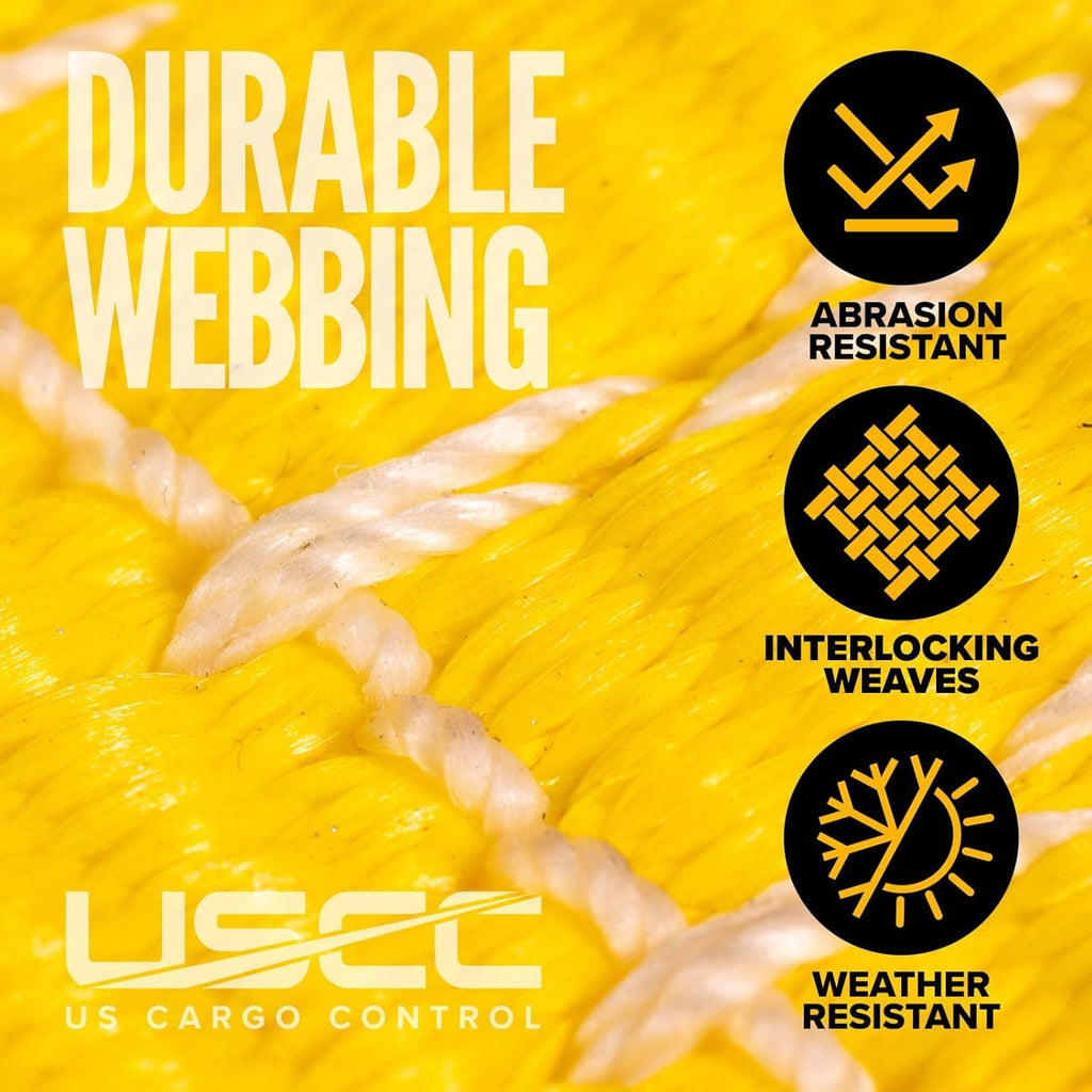 Yellow webbing ratchet strap close-up with woven texture and metal hook hardware