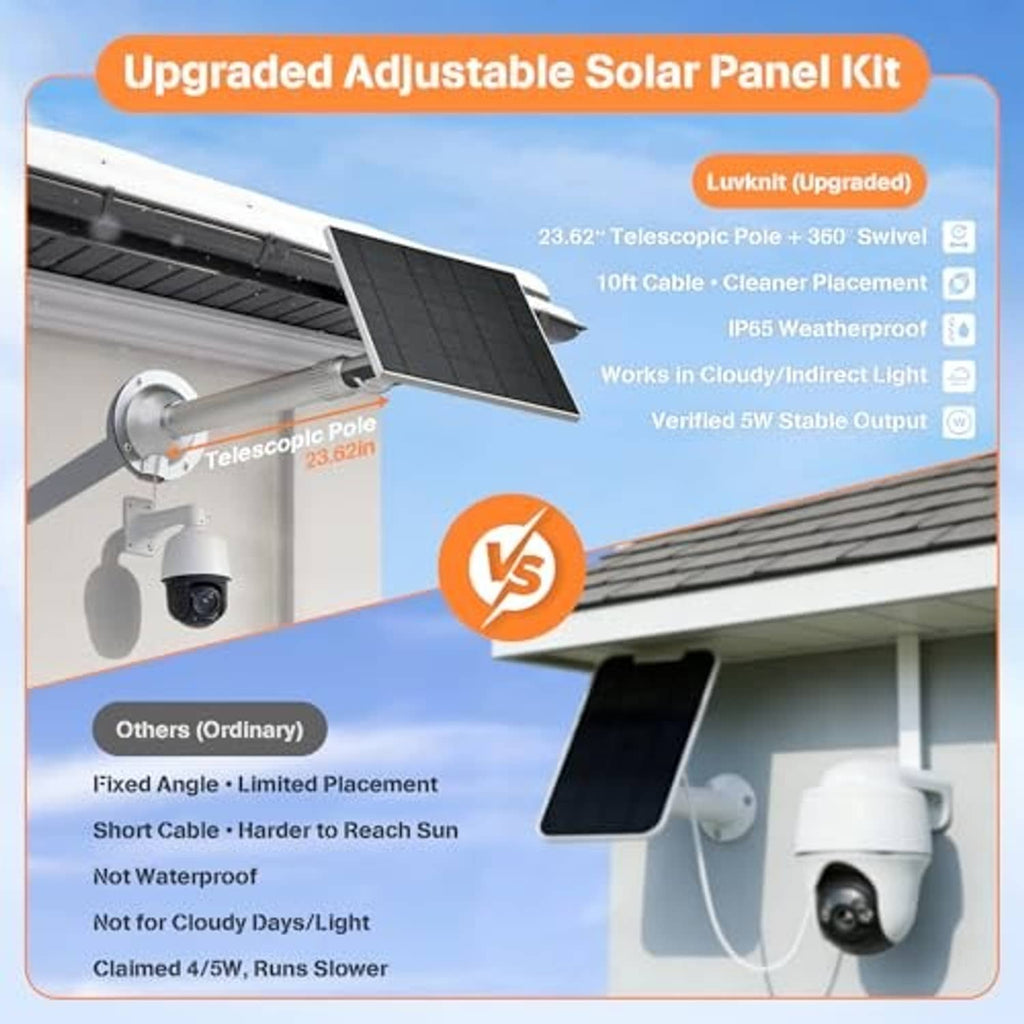 Outdoor adjustable solar panel kit with telescopic pole, swivel joint, and charging cable.