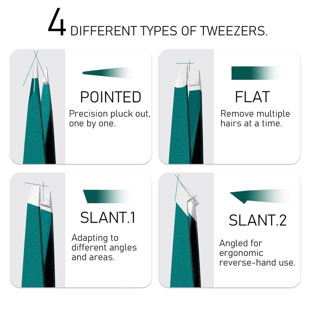 Set of four forest-green tweezers showing pointed, slant, and flat styles
