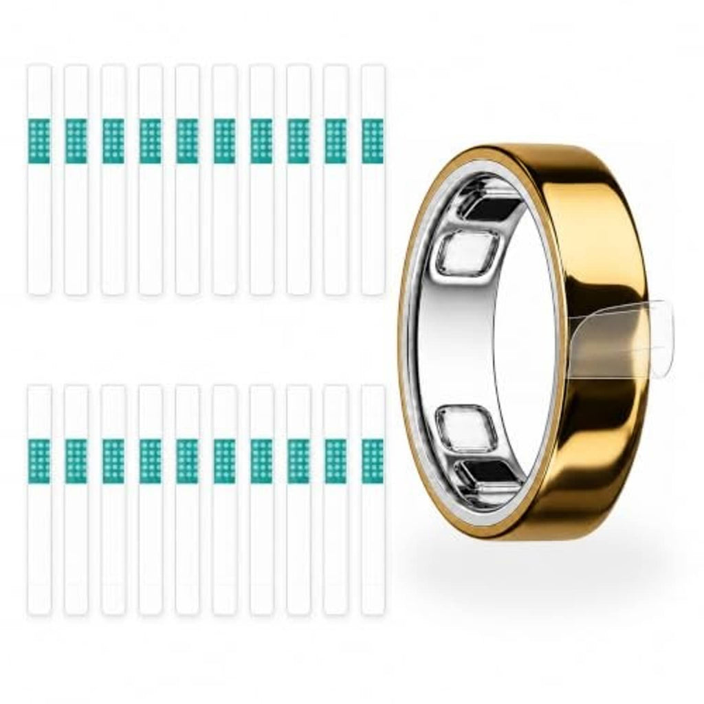 Oura Ring 5 gold ring cover with clear film strips, close-up side view