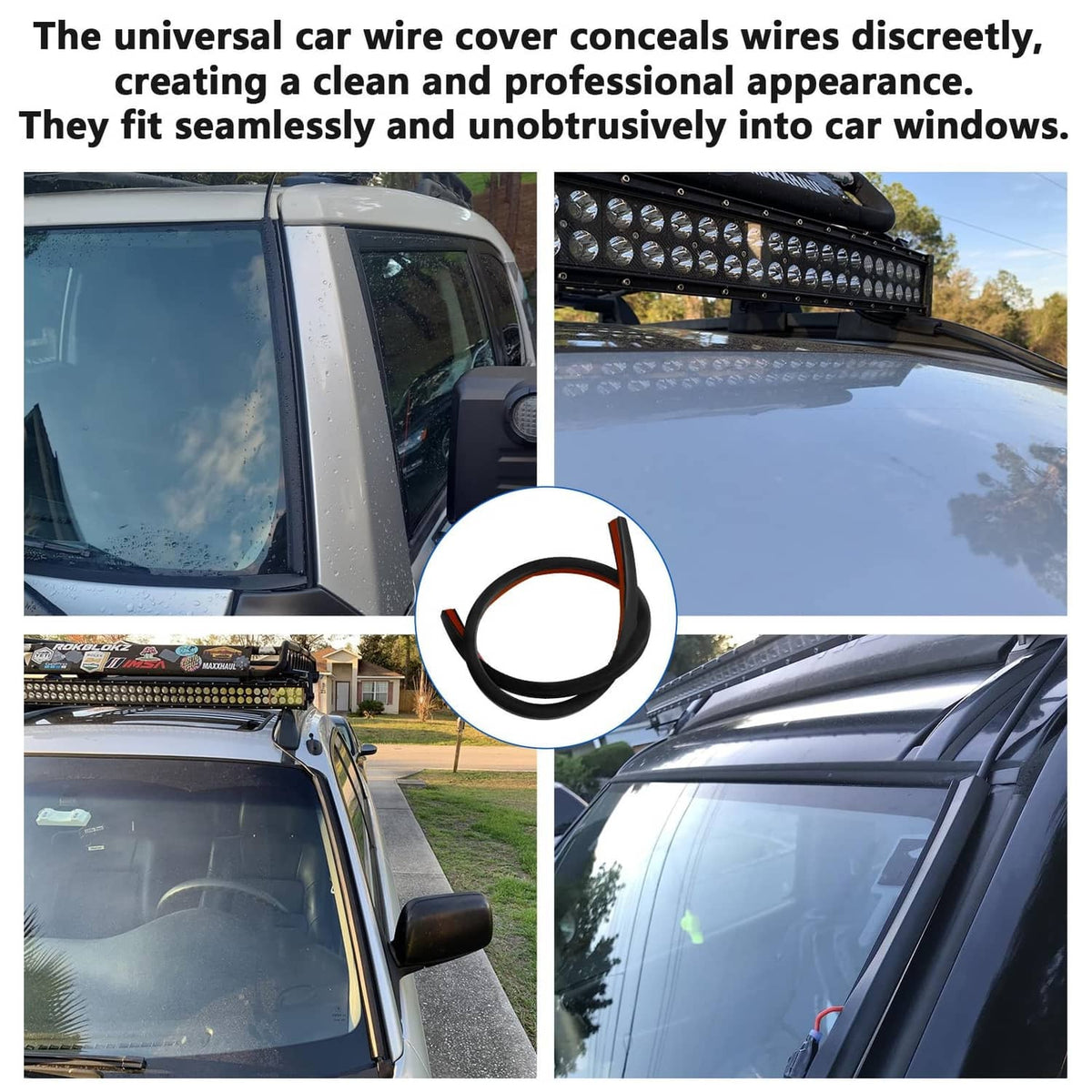 Black universal wire cover installed along the car windshield edge