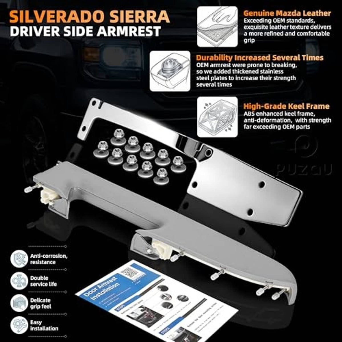 Gray driver-side armrest repair kit with metal bracket and fasteners