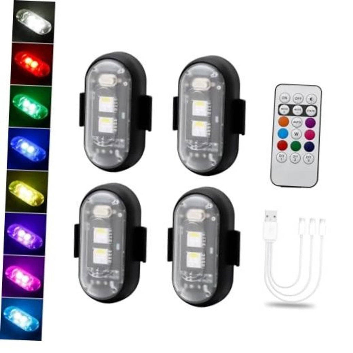 Magnetic LED strobe light set with remote, four black light pods and USB cable