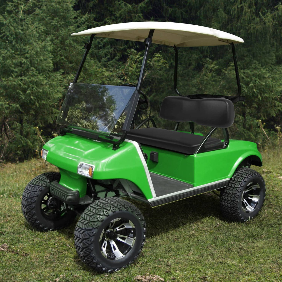 Black golf cart seat backrest and cushion installed on vehicle