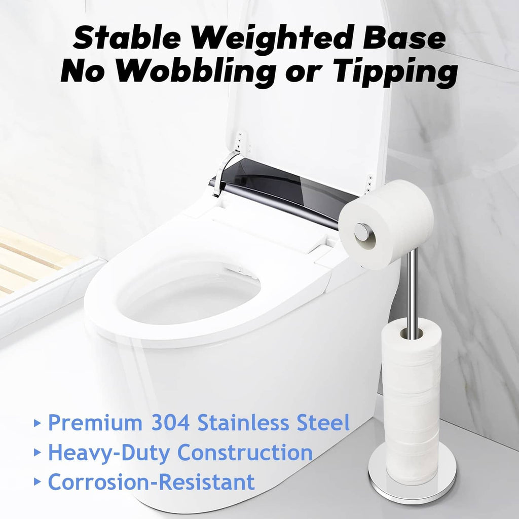 Freestanding toilet paper holder stand with weighted base and corrosion-resistant chrome pole