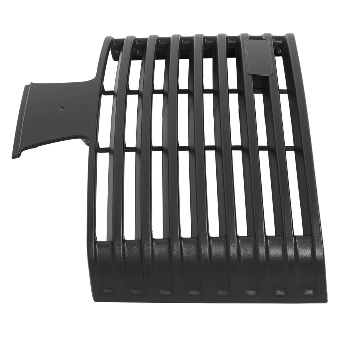 Front grille insert with vertical-to-horizontal slats and left mounting tab, dark plastic