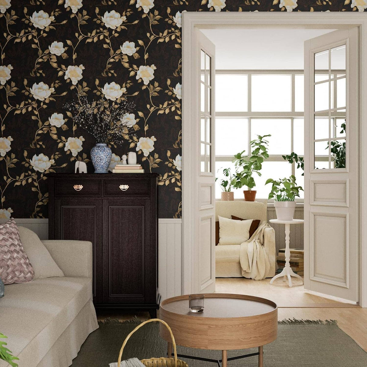 Black floral wallpaper pattern with golden roses and leaves on a room wall