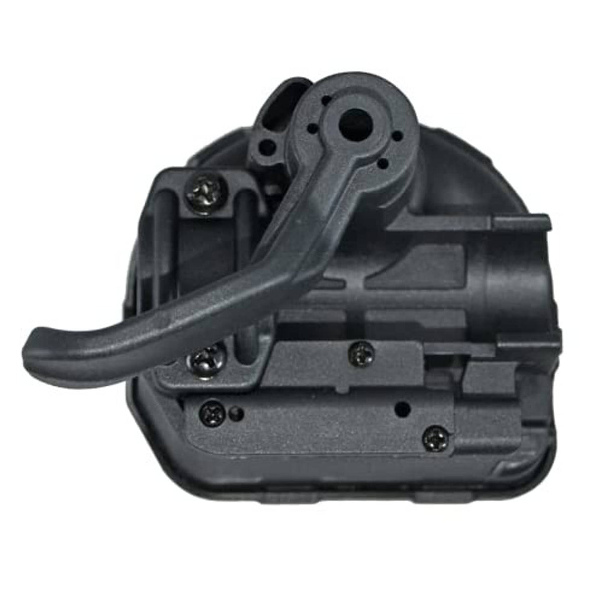 Thumb throttle control lever assembly, dark underside with screw holes and lever
