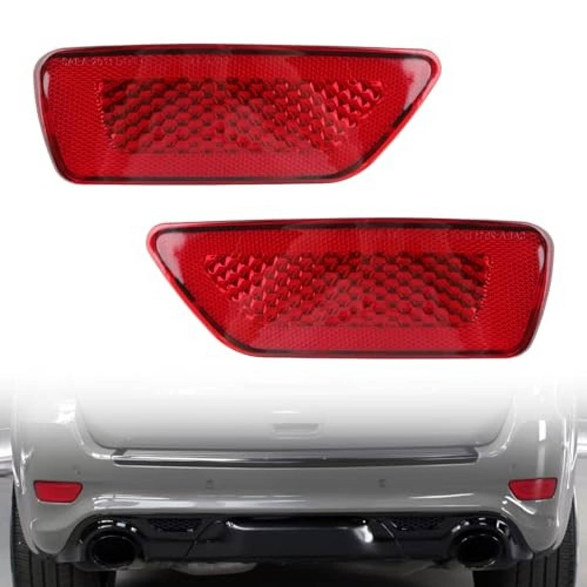 Red rear bumper reflector lamp pair with textured lens surfaces