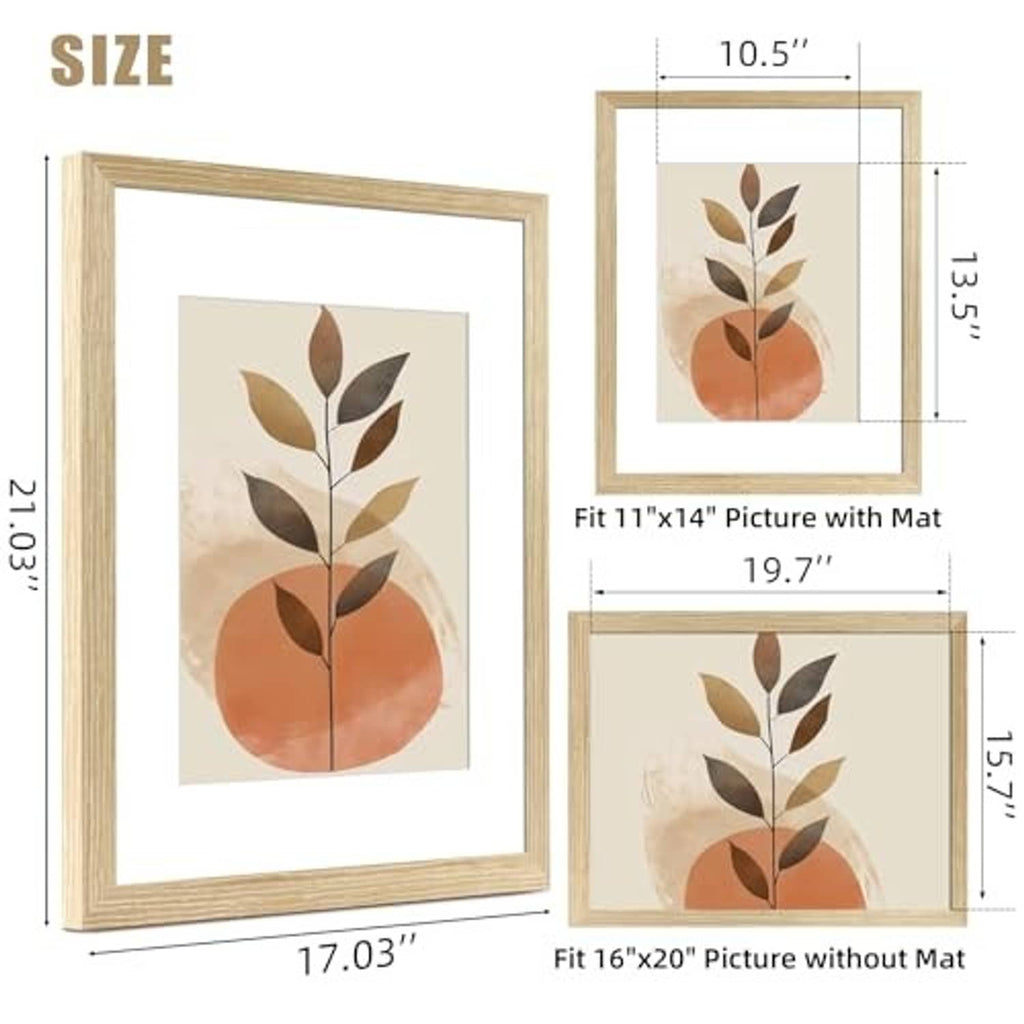 Natural wood frame layout: fits 11x14 with mat, 16x20 without mat