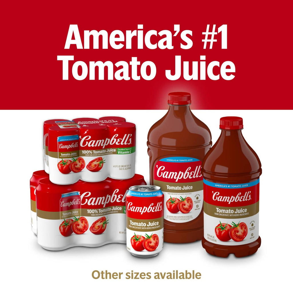 Campbell's tomato juice pack with multiple cans and brown bottles shown