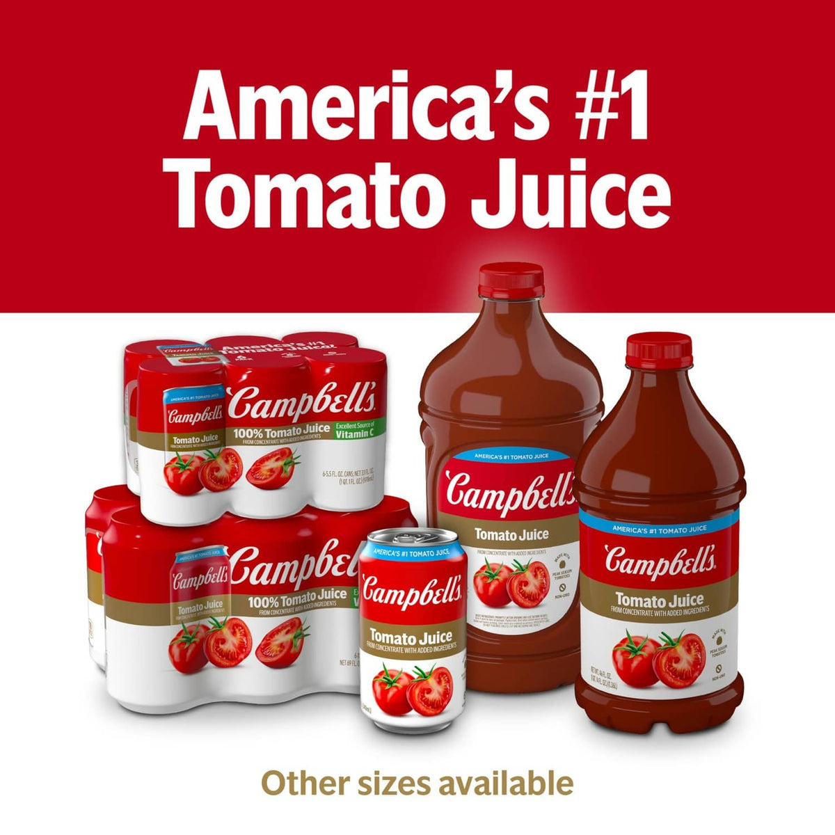 Campbell's tomato juice pack with multiple cans and brown bottles shown