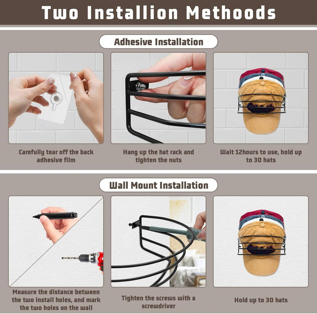 Hat rack installation options: adhesive pad mount or wall mount with screws